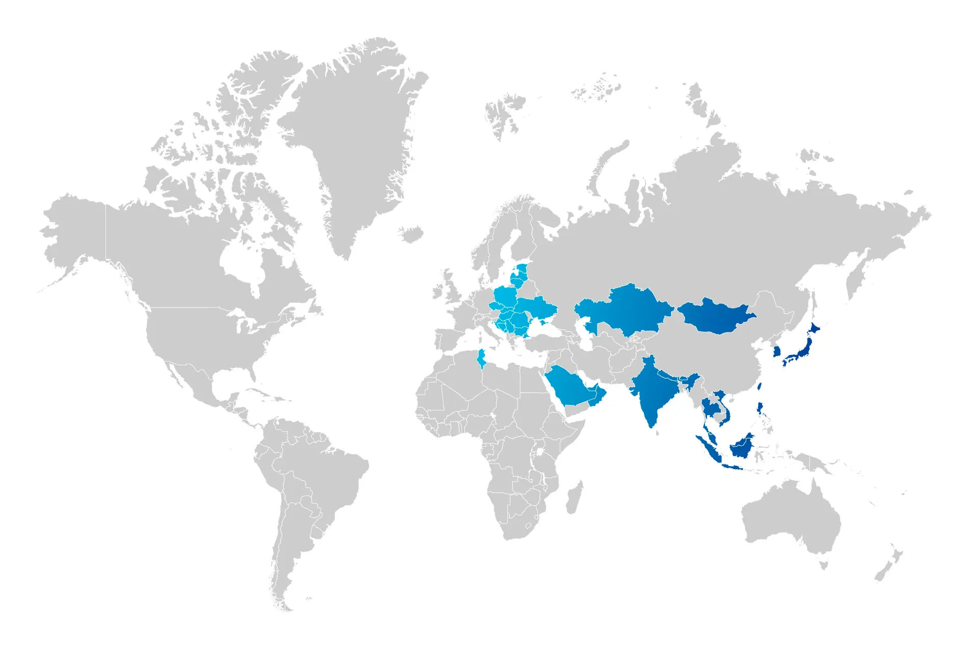 Mapa znázorňuje státy, ve kterých probíhá nábor.